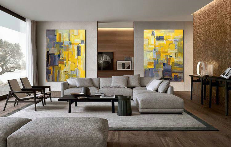 Extra Large Abstract Painting On Canvas,Set Of 2 Contemporary Art On Canvas,Contemporary Wall Art,Yellow,Purple,Taupe,Brown.etc